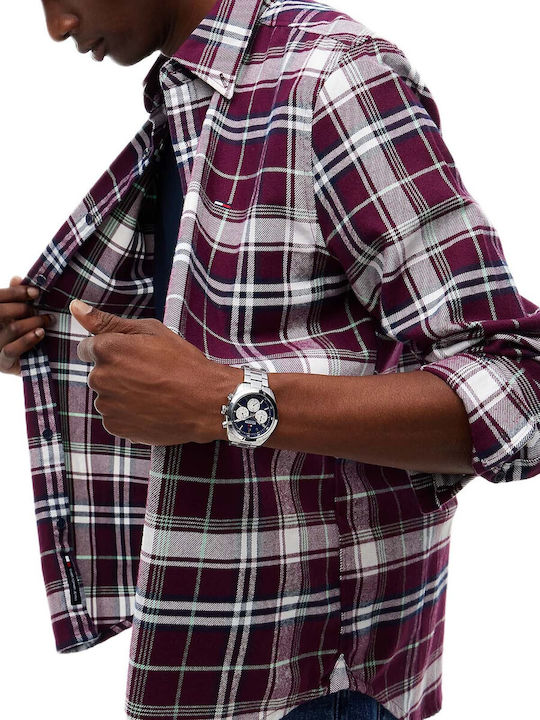 Long Sleeve Flannel Shirt in Regular Fit Burgundy Checked