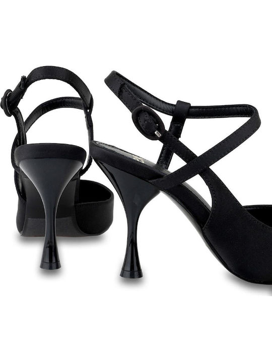 Paris 842 Schwarze Satin-Pumps mit Hohem Absatz