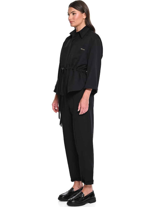 Women's Fabric Trousers with Elastic Waist in Loose Fit Black