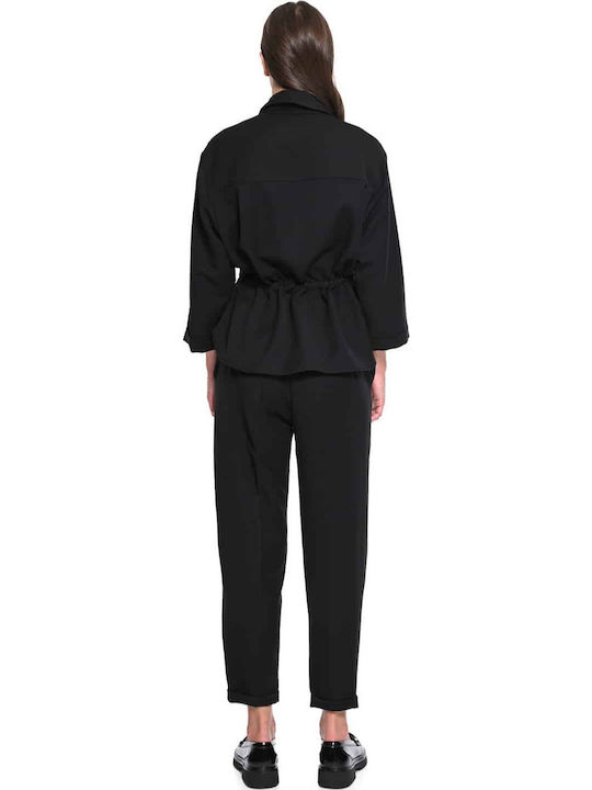 Women's Fabric Trousers with Elastic Waist in Loose Fit Black
