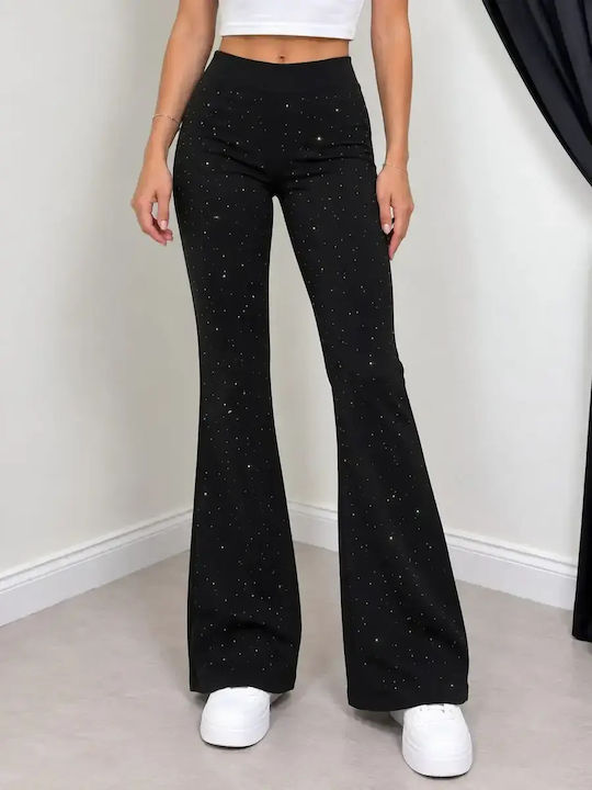 Damen-Stoffhose mit hohem Bund und ausgestelltem Bein in Slim Fit Schwarz