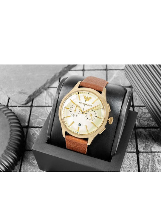 Emporio Armani Ceas Bărbătesc Cronograf cu Baterie, cu Curea din Piele Maro Emporio Armani Ceas Bărbătesc Cronograf cu Baterie, cu Curea din Piele Maro
