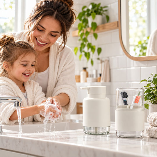 Femmit 2-Piece Bathroom Set Liquid Soap Dispenser & Toothbrush Holder White Minimal
