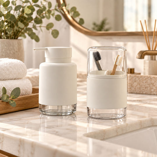 Femmit 2-Piece Bathroom Set Liquid Soap Dispenser & Toothbrush Holder White Minimal