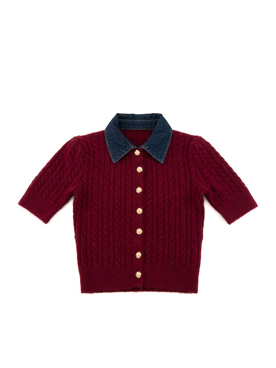 Short Women's Knitted Cardigan with Buttons Burgundy