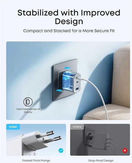 Anker Φορτιστής με Θύρα USB-A και 2 Θύρες USB-C και Καλώδιο USB-C - USB-C 70W Power Delivery Λευκός (Nano)