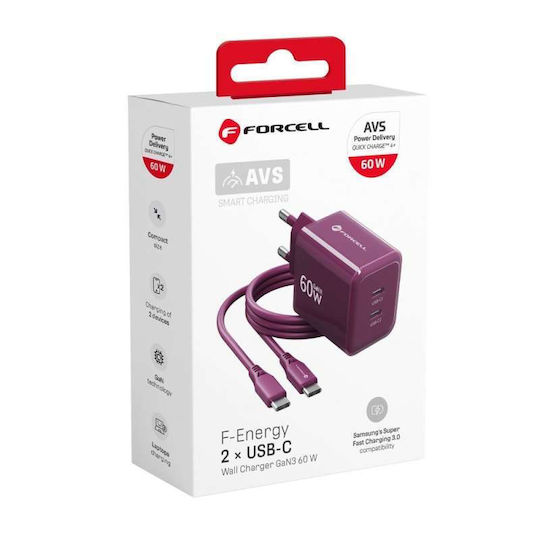 Forcell GaN Charger With USB-C Port And USB-C - USB-C Cable 60W Power Delivery Purple (VT-60)
