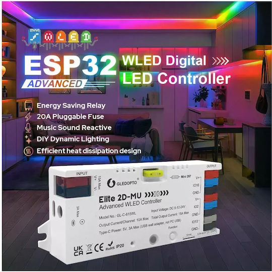 Gledopto Elite 2d-mu Controler WLED Avansat – Controler LED RGBIC cu Două Canale, Microfon, USB‑C, ESP32, Wi‑Fi GL-C-615WL