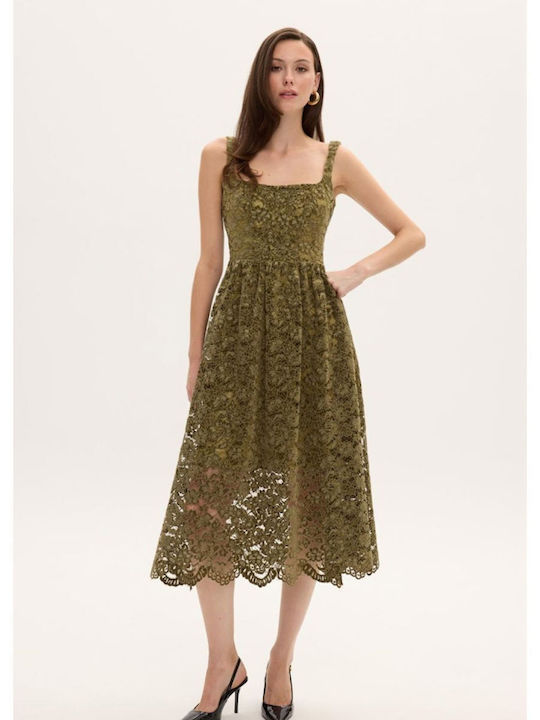 Rochie Midi pentru Nuntă / Botez cu Dantelă Kaki
