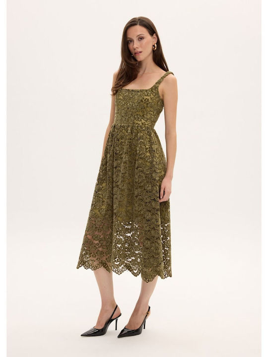 Rochie Midi pentru Nuntă / Botez cu Dantelă Kaki