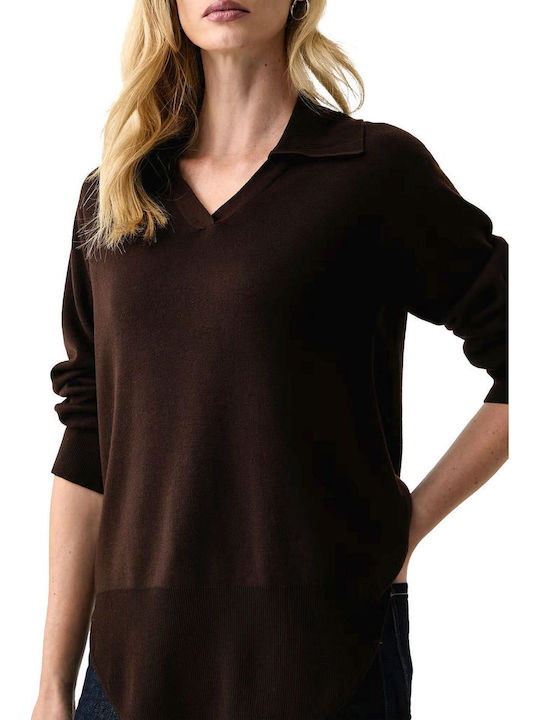 Women's Long Sleeve Brown Polo Blouse
