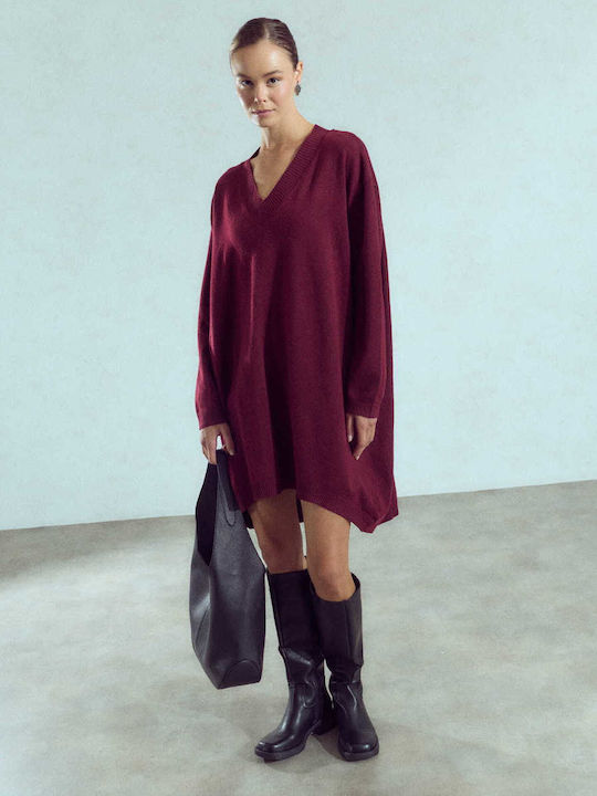 Celestino Women's Asymmetrical Oversized Loose Fit Burgundy Dress