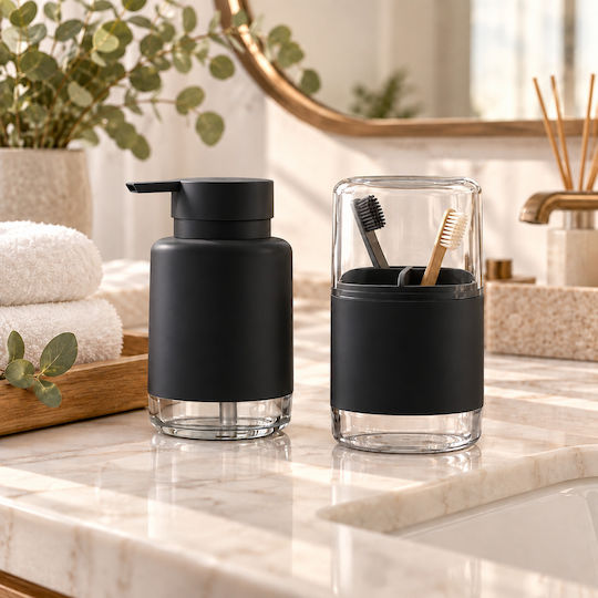 Femmit Bathroom Accessory Set 2 Pieces Liquid Soap Dispenser & Toothbrush Holder Black Minimalist