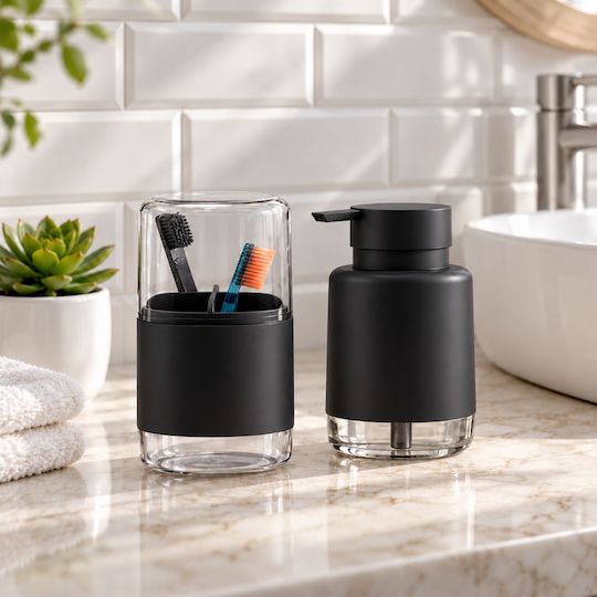 Femmit Bathroom Accessory Set 2 Pieces Liquid Soap Dispenser & Toothbrush Holder Black Minimalist