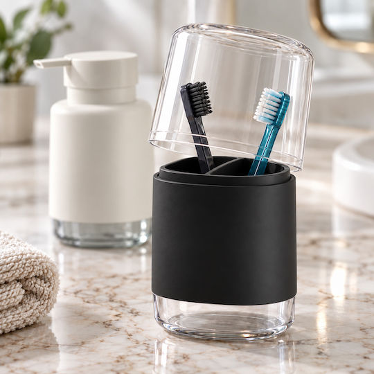 Femmit Bathroom Accessory Set 2 Pieces Liquid Soap Dispenser & Toothbrush Holder Black Minimalist