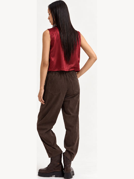 Areli Women's Corduroy Trousers with Elasticated Waist in Relaxed Fit Brown