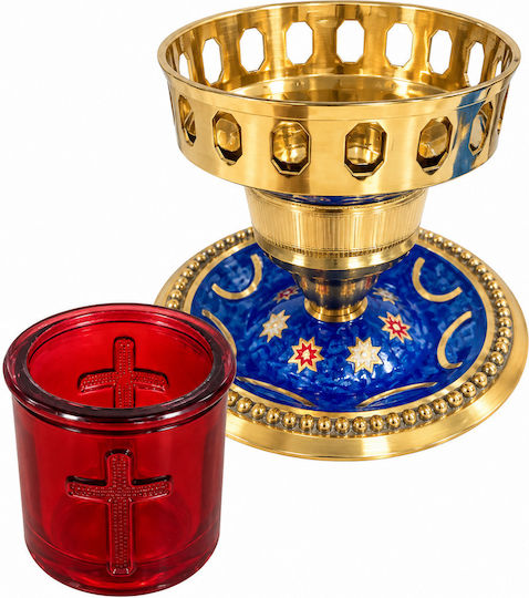Messing-Tischöllampe mit Blauem und Rotem Glas 16,5 cm