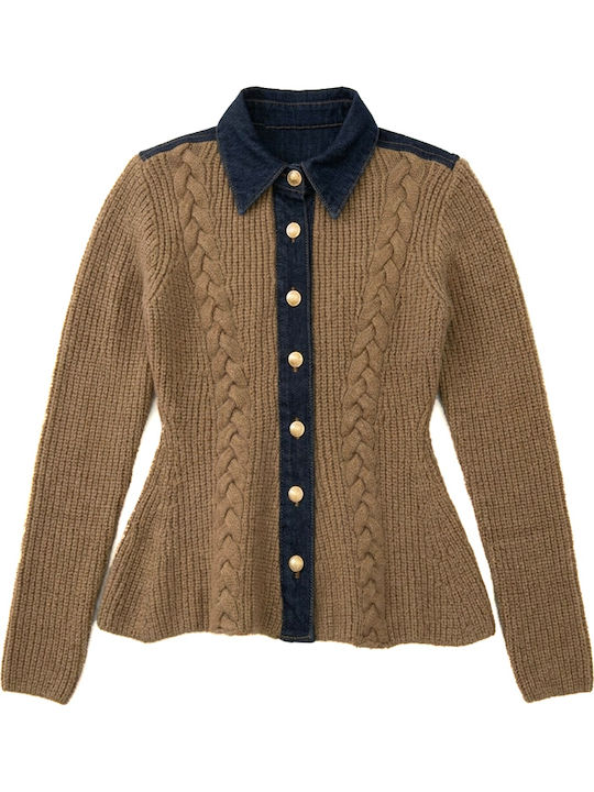 Women's Knitted Cardigan with Buttons Camel-Blue