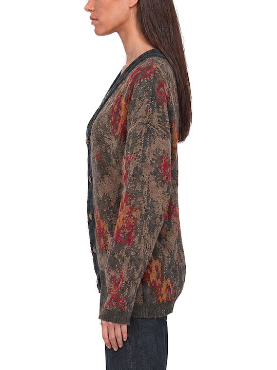 Long Women's Knitted Cardigan with Buttons in Anthracite-Red-Blue