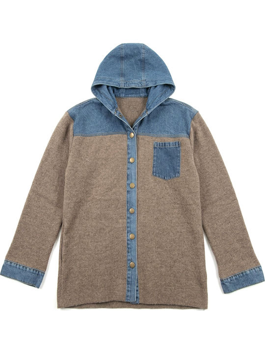 Long Women's Knitted Cardigan with Buttons Beige-Blue