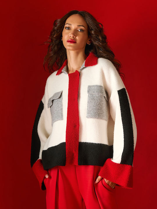 Women's Knitted Cardigan with Buttons Ecru- Red- Black