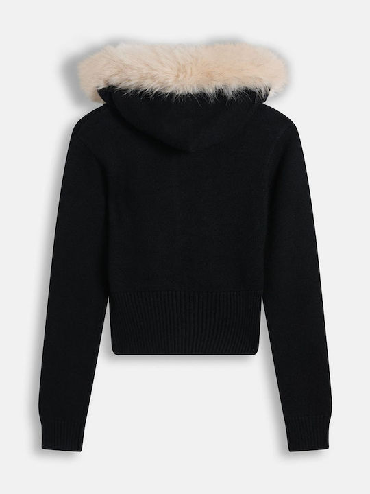 Diamante Cropped Γυναικεία Ζακέτα Φούτερ με Κουκούλα Black