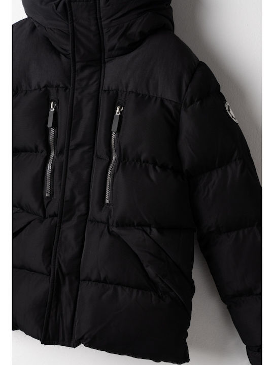 Waterproof Short Quilted Kids Jacket with Lining & Hood Black
