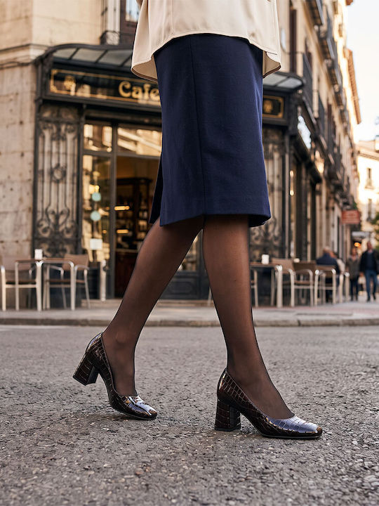 Leather Heels with Medium Heel Brown Crocodile