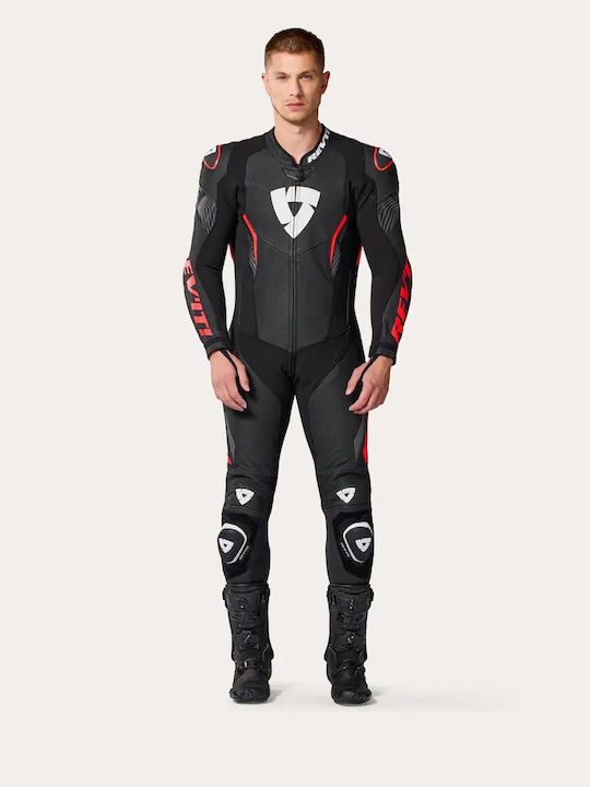 Rev'IT Argon 3 Мъжки Кожен Мотоциклетен Гащеризон Black Neon Red