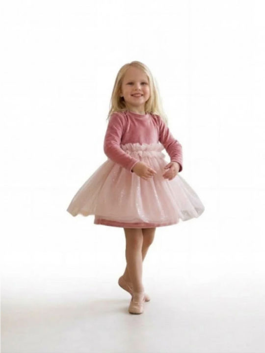 Girls Long-Sleeve Pink Velvet Dress