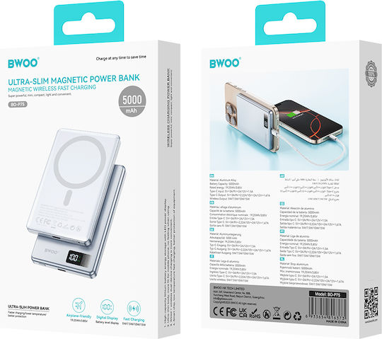 BWOO P75 MagSafe Външна Батерия 5000mAh 20W с USB-C Изходен Порт Power Delivery Черна