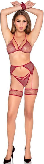 Leg Avenue 89362 Set aus Top + String + Strumpfhaltergürtel + Handschellen, Rot, Einheitsgröße