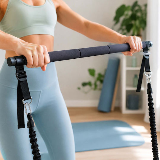 Set de Bară Pilates cu Benzi de Rezistență Relaxdays 10054325_46 4 Benzi 30–160 Lbs 2 × 30 Lbs 2 × 50 Lbs Bară de Asamblare de 110 Cm Curele Reglabile Mânere Ancoră pentru Ușă Geantă Neagră
