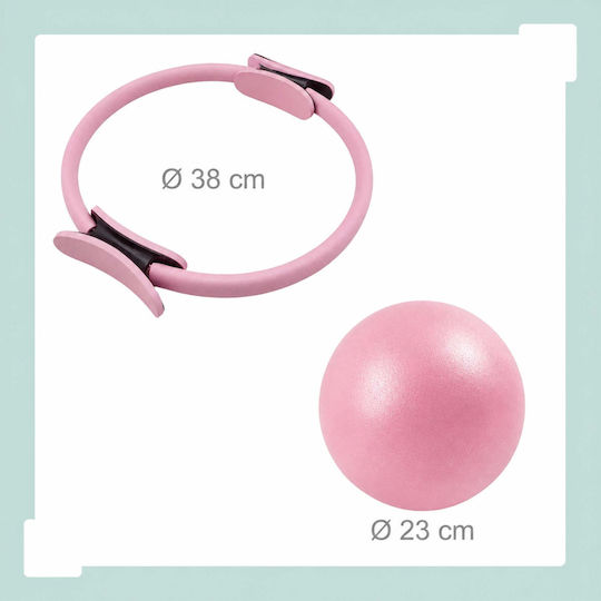 Set Pilates Relaxdays 10054389_52, 13 Piese: Inel Pilates Ø38 Cm, Minge Ø23 Cm, 5 Benzi de Rezistență Scurte + Bandă de Rezistență Lungă, Curele pentru Glezne, Pompă, Geantă, Ruletă, Roz și Negru