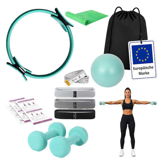 Set Pilates Relaxdays 10054390_53 11 Piese Cerc Pilates Ø38 Cm Minge Ø23 Cm 5 Benzi Scurte de Rezistență Bandă Lungă de Rezistență 150 X 15 Cm 2 Gantere de 1 Kg Geantă Pompă Ruletă Multicolor