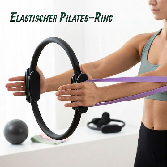 Set Pilates Relaxdays 10054388_46, 6 Piese: Inel de 38 Cm, Minge de 23 Cm, 3 Benzi de Rezistență de 15, 25 și 35 Lb (6,8, 11,3 și 15,8 Kg), Pompă și Ghid Ilustrat, Multicolor