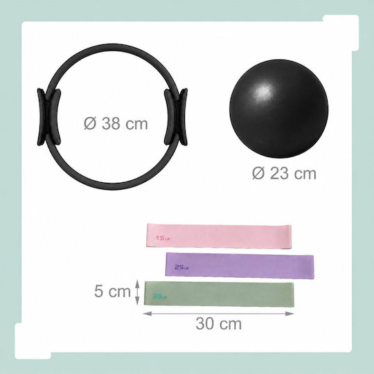 Set Pilates Relaxdays 10054388_46, 6 Piese: Inel de 38 Cm, Minge de 23 Cm, 3 Benzi de Rezistență de 15, 25 și 35 Lb (6,8, 11,3 și 15,8 Kg), Pompă și Ghid Ilustrat, Multicolor