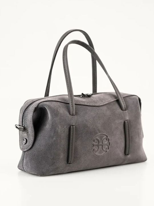 Bowling Mini Damen-Schultertasche aus Leder und Wildleder in Grau