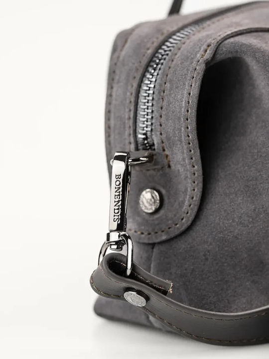 Bowling Mini Damen-Schultertasche aus Leder und Wildleder in Grau