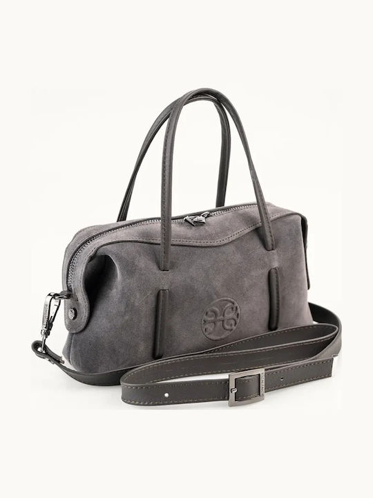 Bowling Mini Damen-Schultertasche aus Leder und Wildleder in Grau