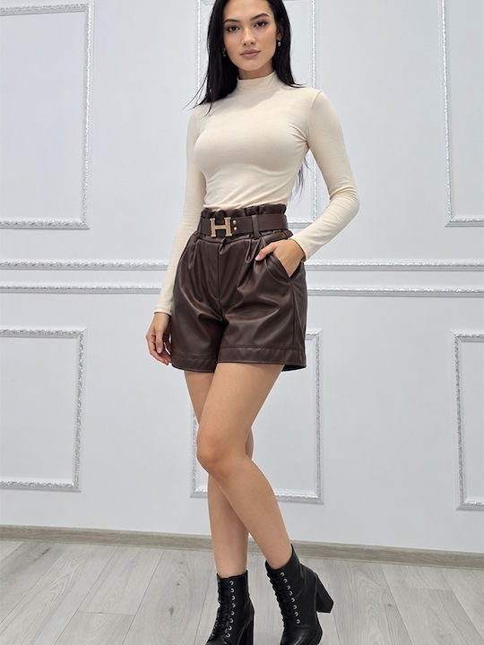 Damen-Leder-Shorts mit Hoher Taille Braun