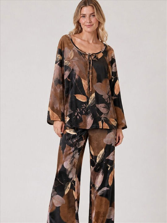Damenbluse aus braunem Samt mit Blumenmuster B26210-TYP