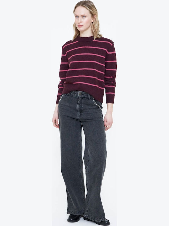 Дамски пуловер на райета с дълъг ръкав Aubergine Pink