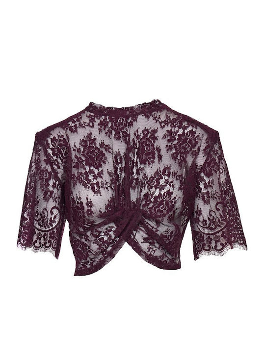 Women's Crop Top with Lace & Mesh Burgundy