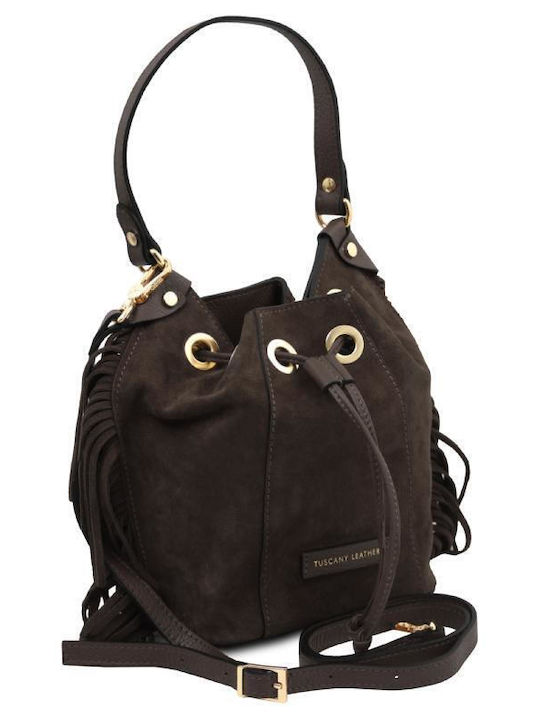 Nomade Damen-Schultertasche aus Leder und Wildleder mit Fransen in Schokoladenbraun