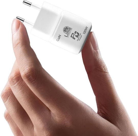 Lime Зарядно устройство без кабел GaN с USB-C порт 120 W Power Delivery / Quick Charge 2.0 / Quick Charge 3.0 бяло (LCC120W)