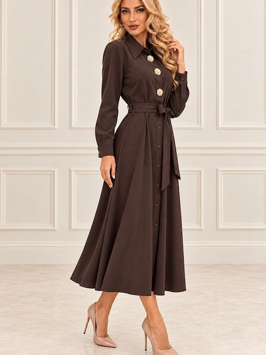 Midi-Hemdkleid Langärmelig Braun