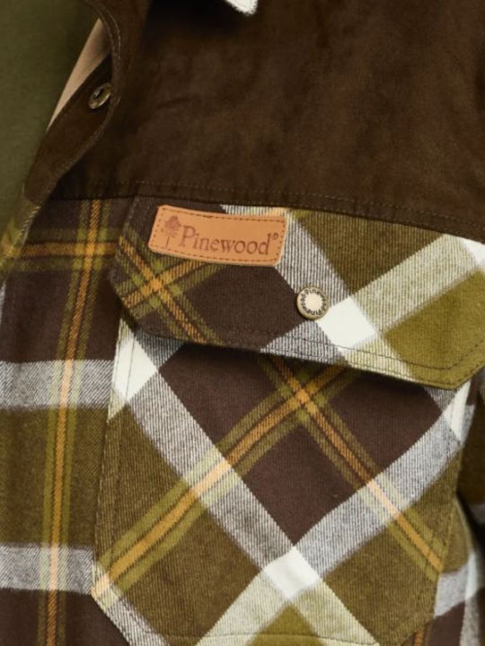 Long Sleeve Flannel Shirt in Slim Fit Olive Green/Cr. White