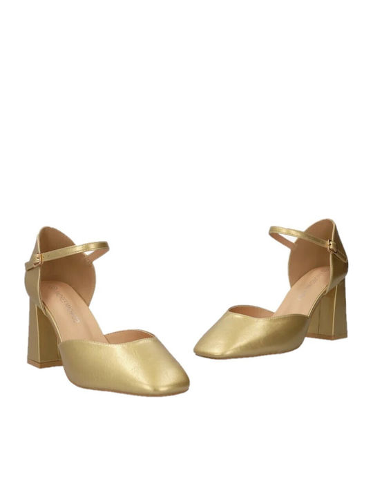 Pointed-Toe Pumps with Strap & High Heel in Gold