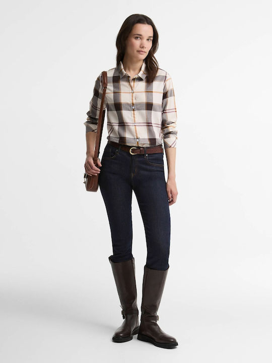 Дамска Памучна Риза с Дълъг Ръкав в Екрю Каре